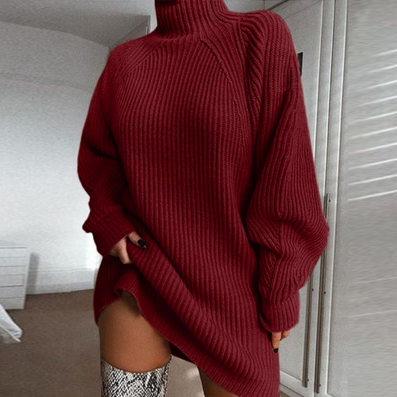 Solid Turtleneck Long Sweater Winter Warm Women Sweater Dress