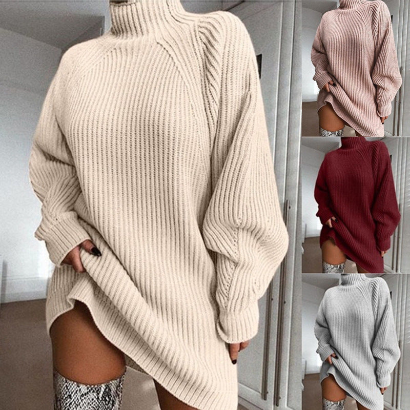 Solid Turtleneck Long Sweater Winter Warm Women Sweater Dress
